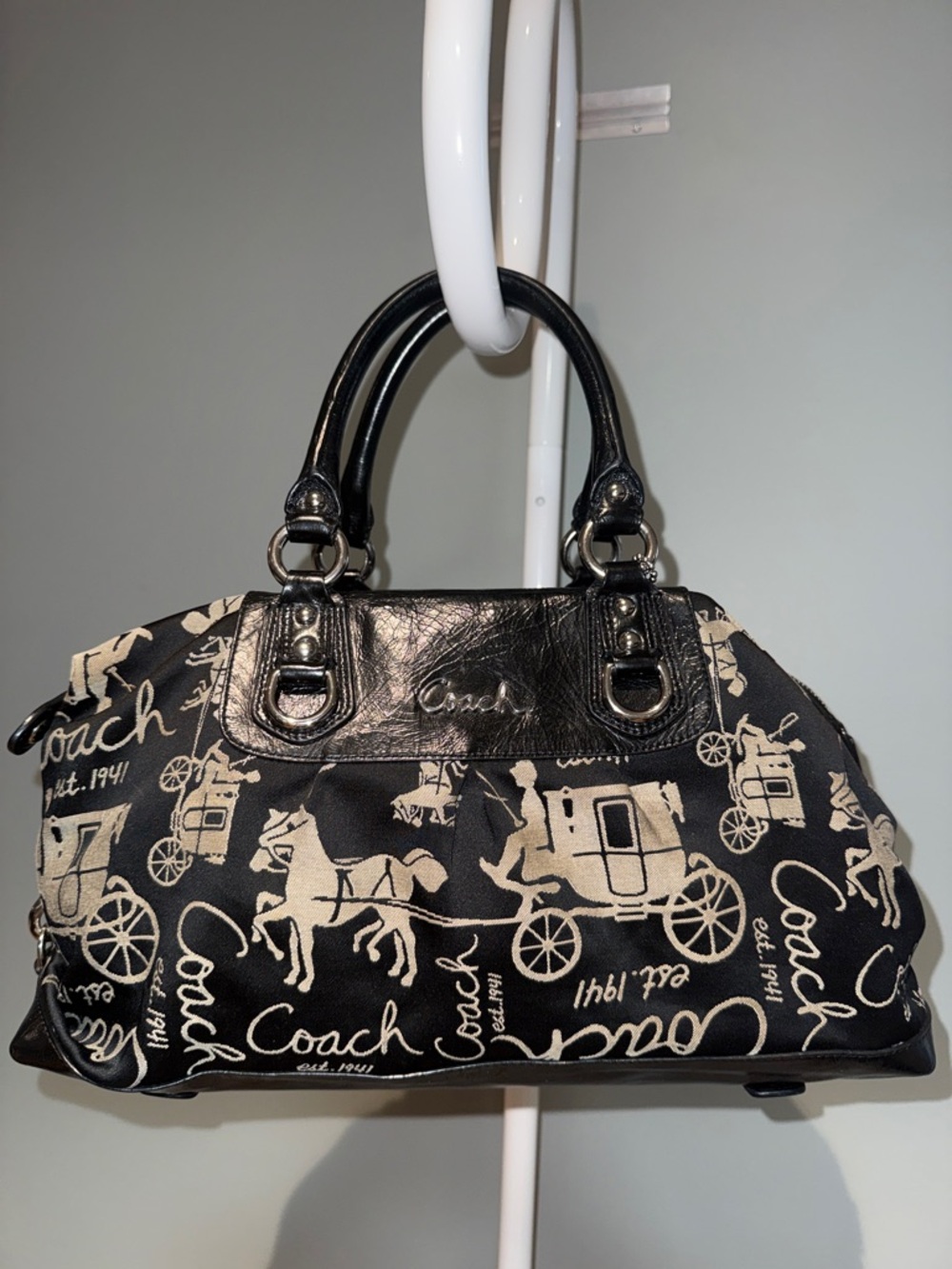 Coach 2010 Ashley Black and Tan Horse & Carriage Print Satchel